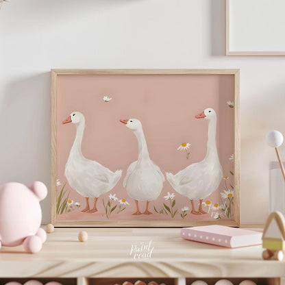 This charming and idyllic poster features three graceful white geese standing amidst a field of del… for nursery