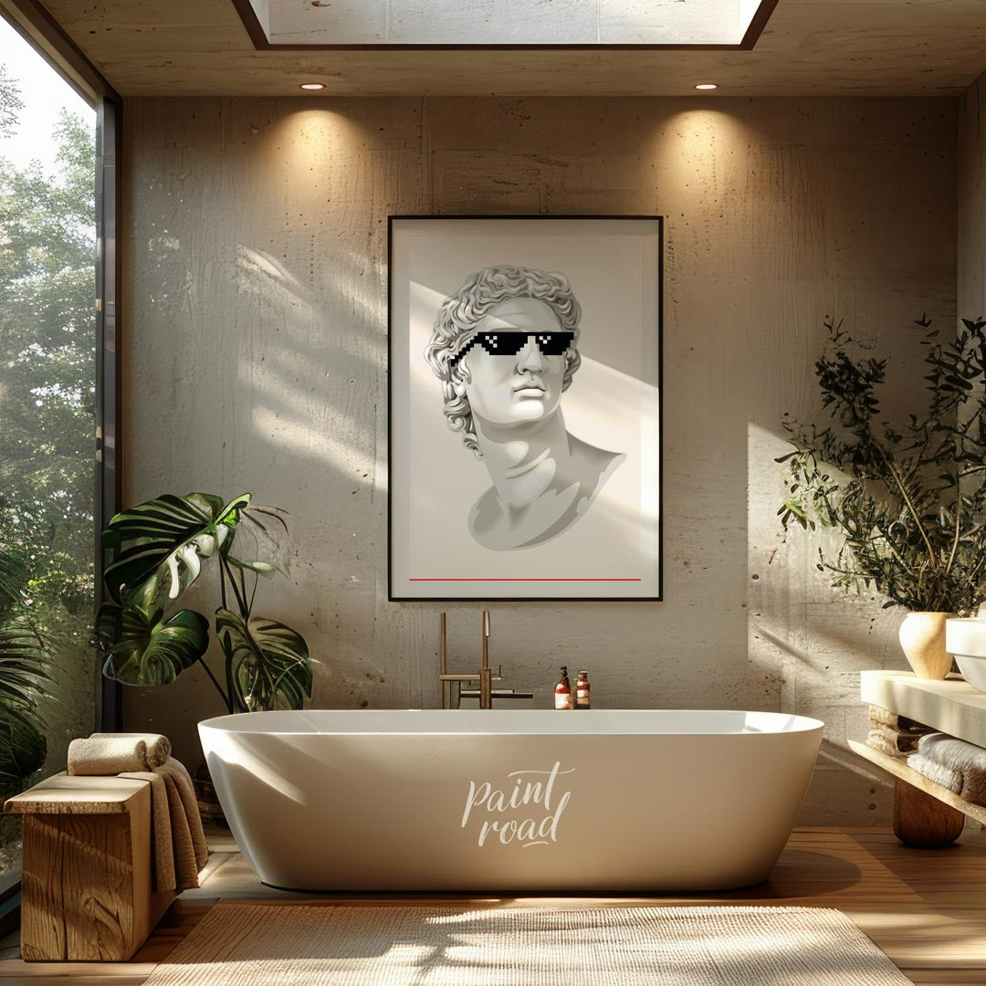 This humorous and pop culture-infused art print features a classic white marble bust, reminiscent o… for bathroom