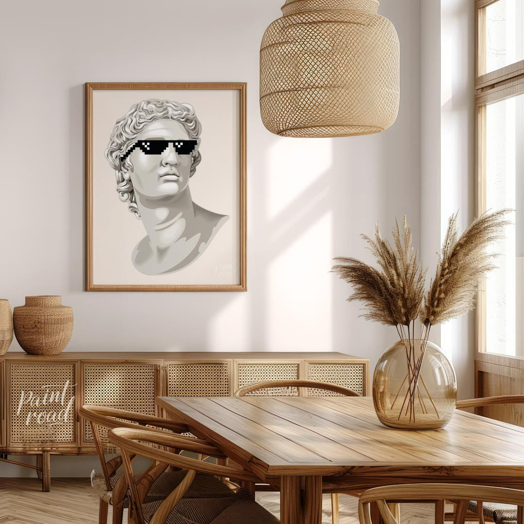 This humorous and pop culture-infused art print features a classic white marble bust, reminiscent o… for dining room