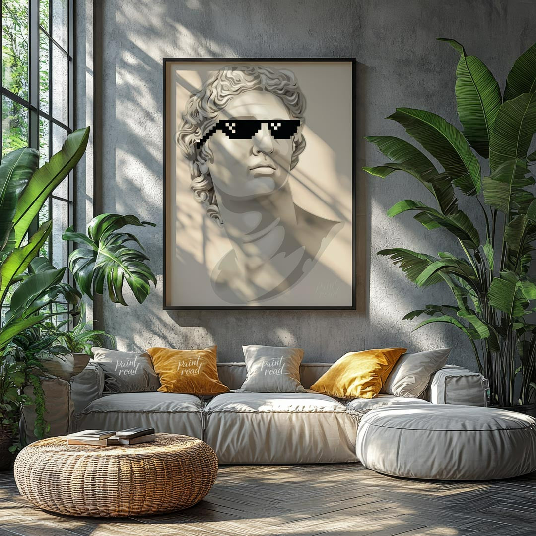 This humorous and pop culture-infused art print features a classic white marble bust, reminiscent o… for living room