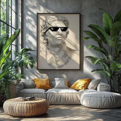 This humorous and pop culture-infused art print features a classic white marble bust, reminiscent o… for living room