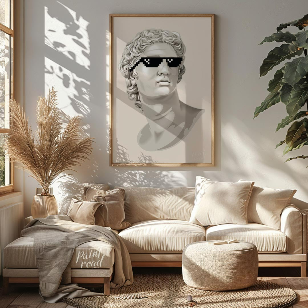 This humorous and pop culture-infused art print features a classic white marble bust, reminiscent o… for living room