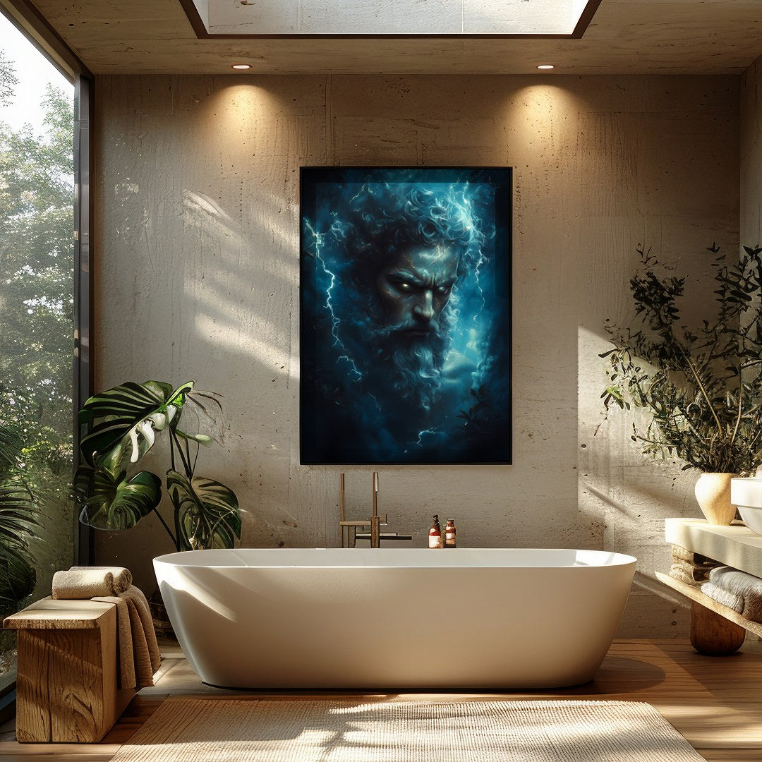 Immerse your space in the awe-inspiring presence of a thunderous deity, encapsulated in a stormy for Bathroom