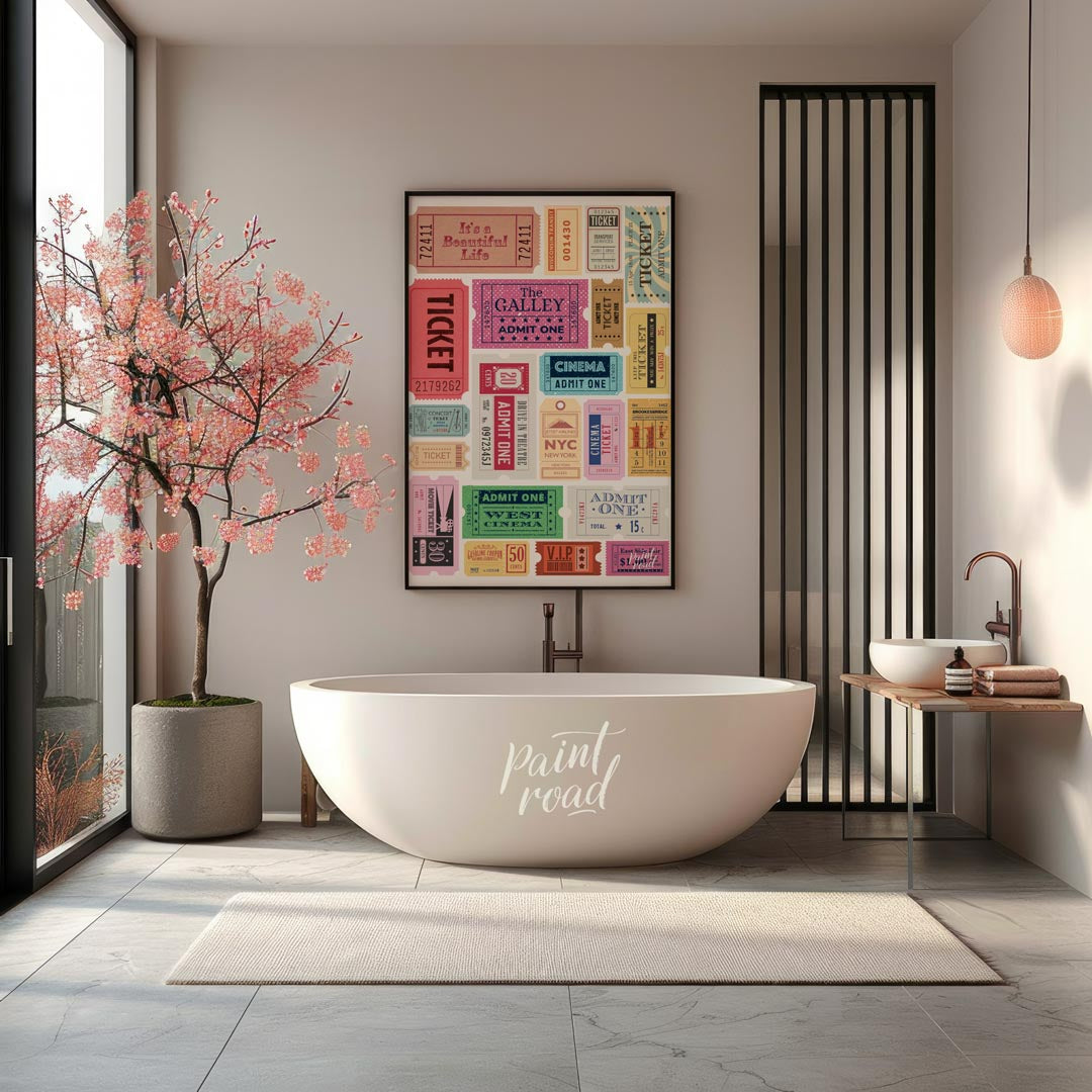 Bring your wall to life with a dynamic collection of vintage-style admission tickets in this vibran… for bathroom