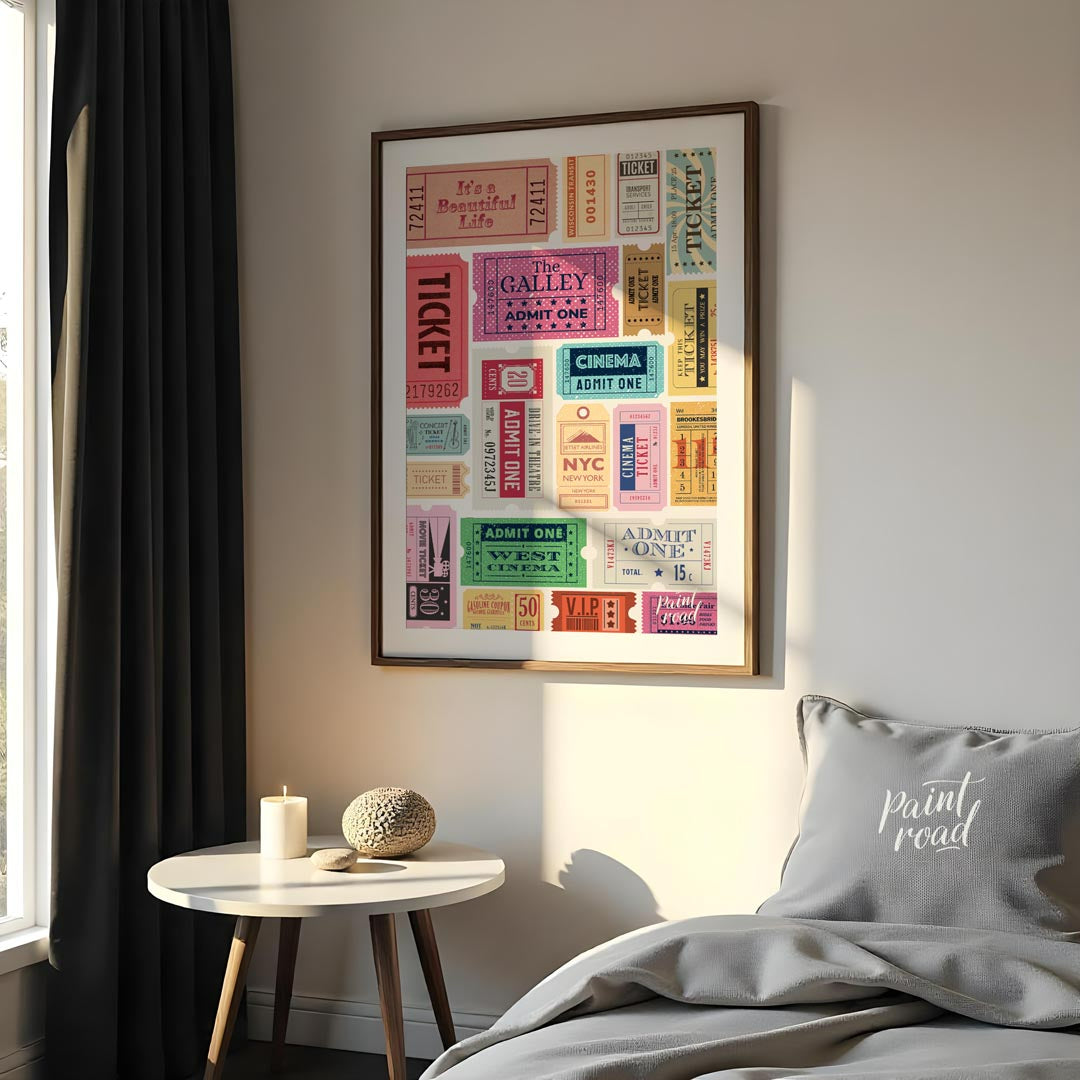 Bring your wall to life with a dynamic collection of vintage-style admission tickets in this vibran… for bedroom