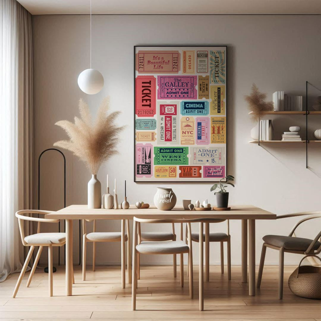 Bring your wall to life with a dynamic collection of vintage-style admission tickets in this vibran… for dining room