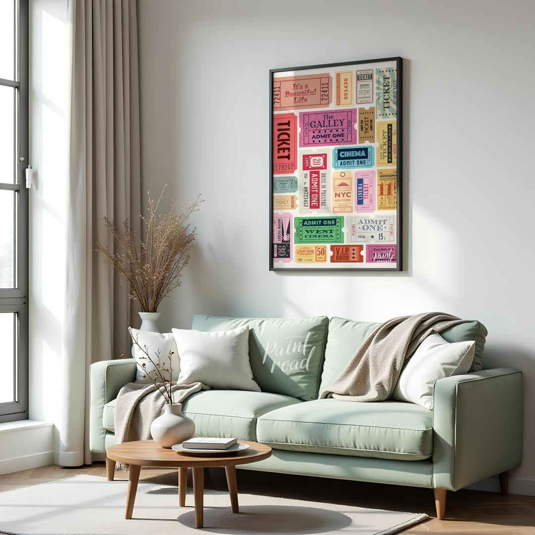 Bring your wall to life with a dynamic collection of vintage-style admission tickets in this vibran… for living room
