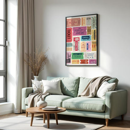 Bring your wall to life with a dynamic collection of vintage-style admission tickets in this vibran… for living room