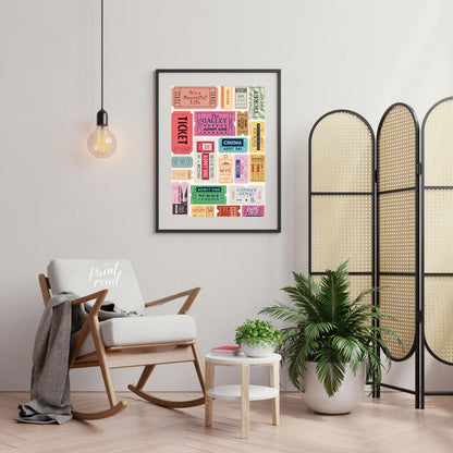 Bring your wall to life with a dynamic collection of vintage-style admission tickets in this vibran… for living room