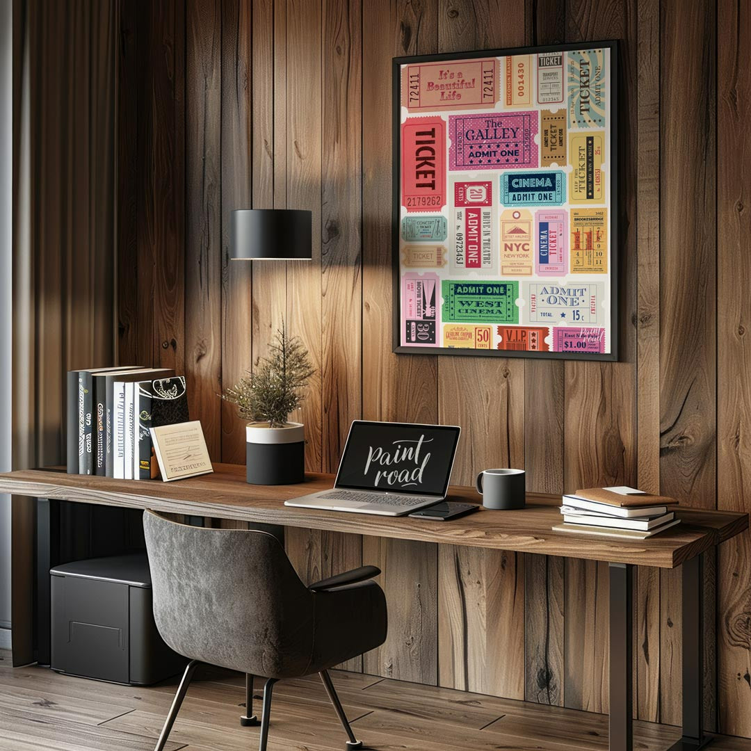 Bring your wall to life with a dynamic collection of vintage-style admission tickets in this vibran… for office