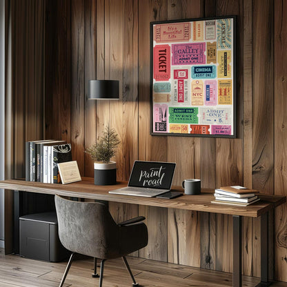 Bring your wall to life with a dynamic collection of vintage-style admission tickets in this vibran… for office
