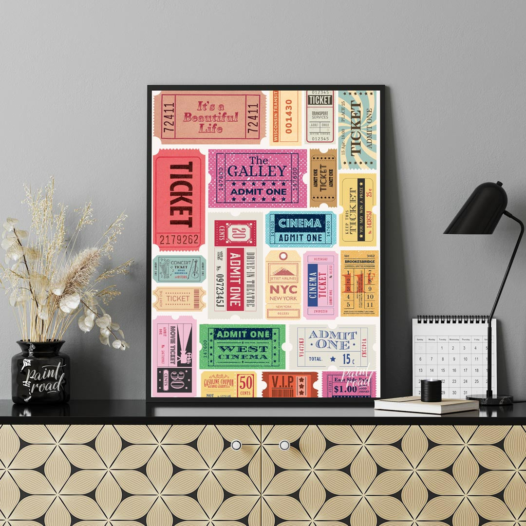 Bring your wall to life with a dynamic collection of vintage-style admission tickets in this vibran… for office