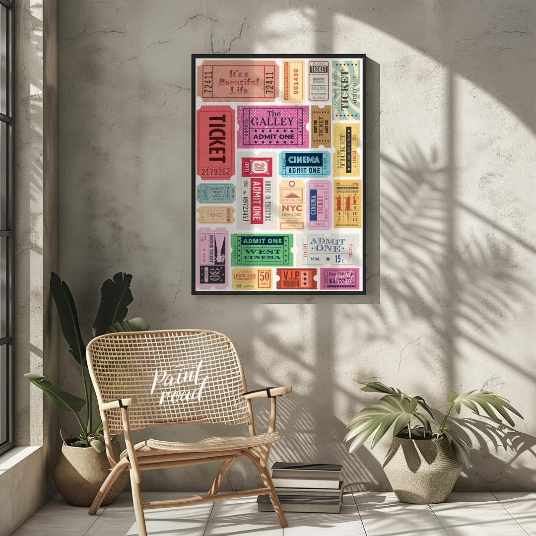 Bring your wall to life with a dynamic collection of vintage-style admission tickets in this vibran… for other