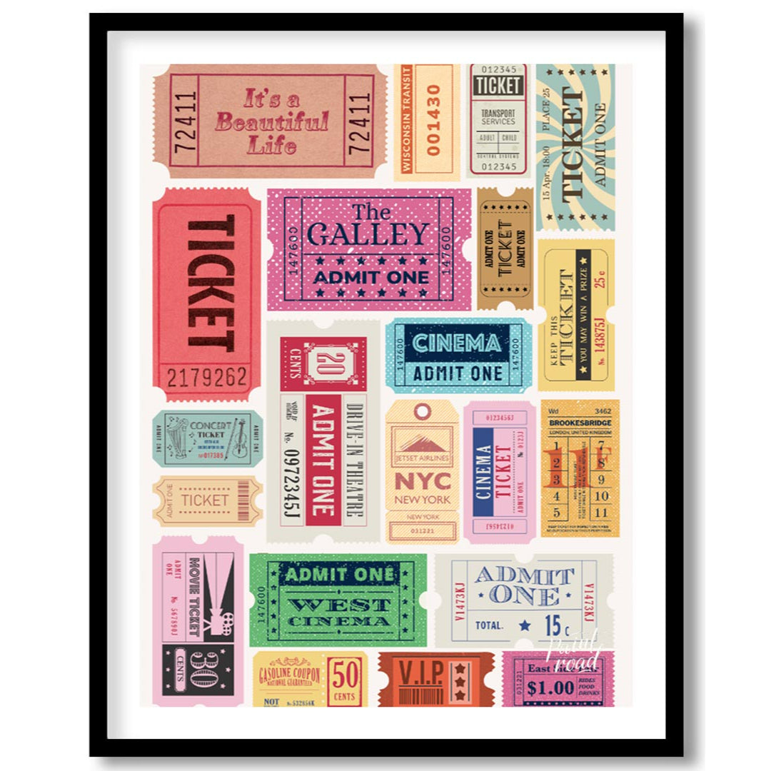 Bring your wall to life with a dynamic collection of vintage-style admission tickets in this vibran… for place