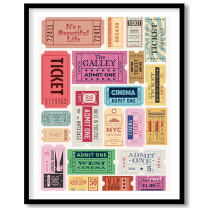 Bring your wall to life with a dynamic collection of vintage-style admission tickets in this vibran… for place