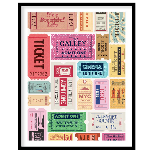 Bring your wall to life with a dynamic collection of vintage-style admission tickets in this vibran… for place