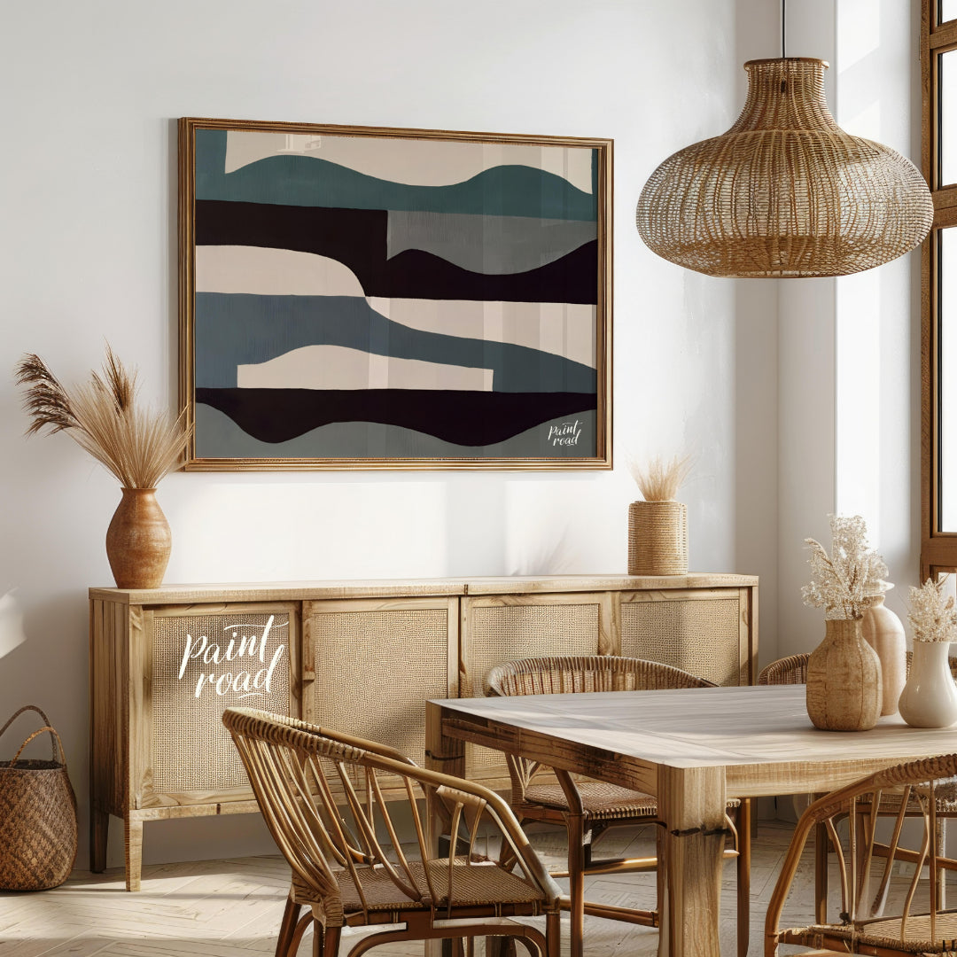 """Tidal Abstraction"" presents a compelling composition of abstract shapes in a harmonious palette… for dining room