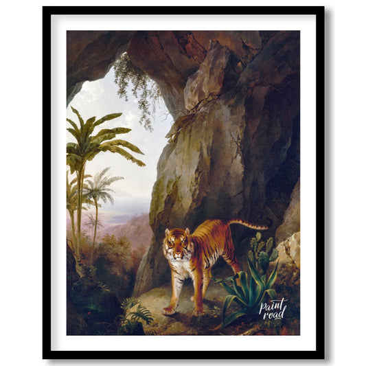 This detailed and evocative painting presents a magnificent tiger emerging from the shadows of a na… for decor