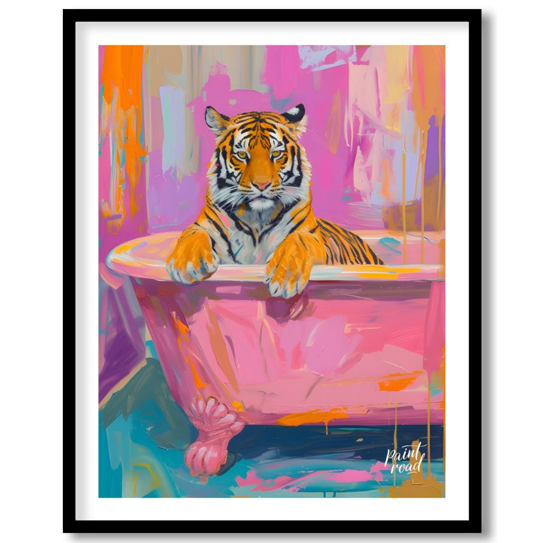 This vibrant digital painting features a majestic tiger lounging in a pink bathtub against a backdr… for abode