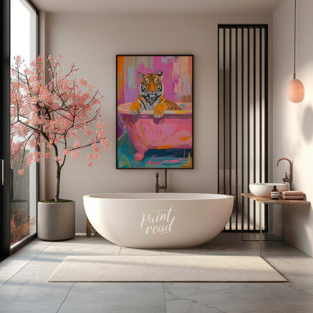 This vibrant digital painting features a majestic tiger lounging in a pink bathtub against a backdr… for bathroom