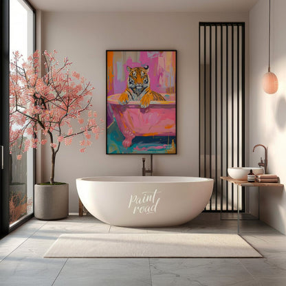 This vibrant digital painting features a majestic tiger lounging in a pink bathtub against a backdr… for bathroom
