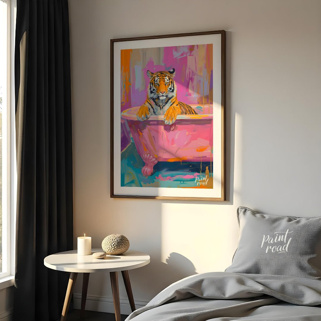 This vibrant digital painting features a majestic tiger lounging in a pink bathtub against a backdr… for bedroom