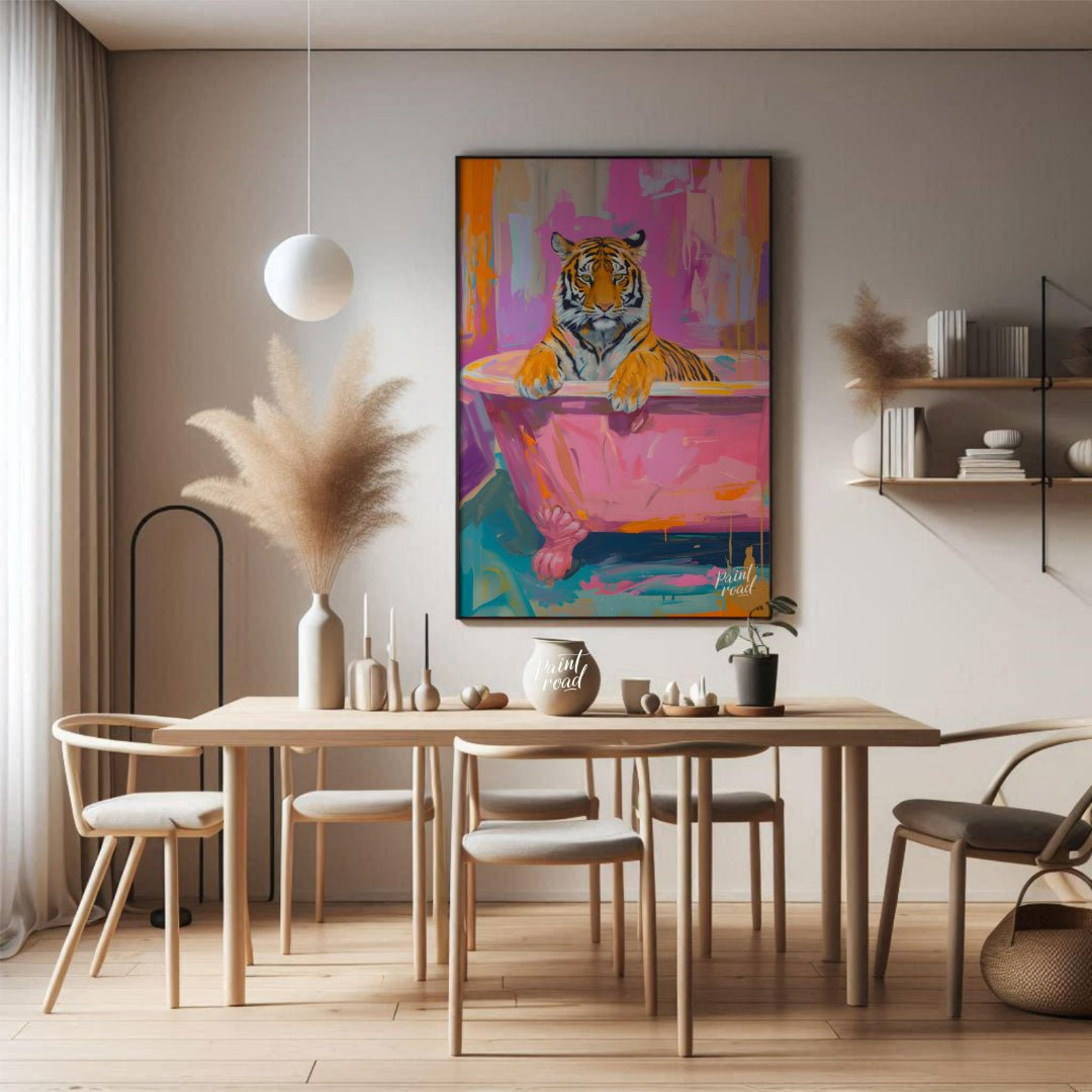 This vibrant digital painting features a majestic tiger lounging in a pink bathtub against a backdr… for dining room