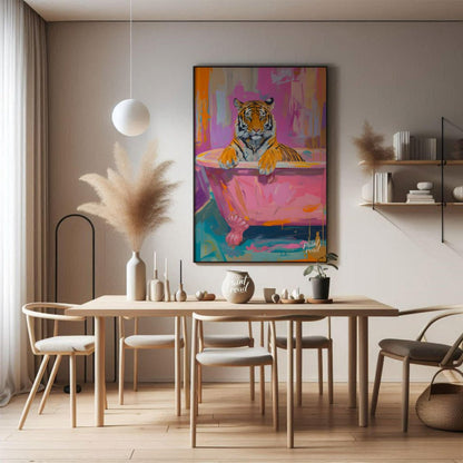 This vibrant digital painting features a majestic tiger lounging in a pink bathtub against a backdr… for dining room