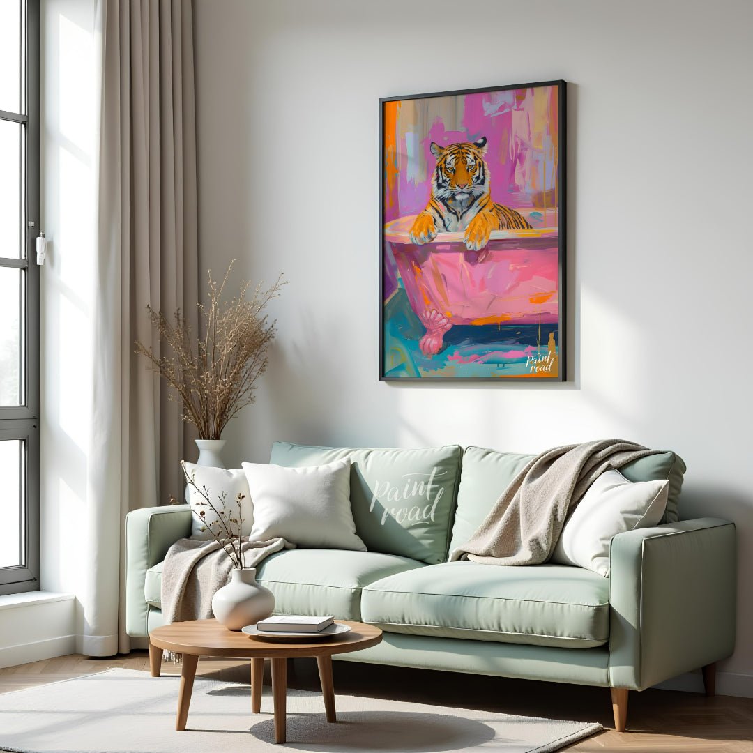 This vibrant digital painting features a majestic tiger lounging in a pink bathtub against a backdr… for living room