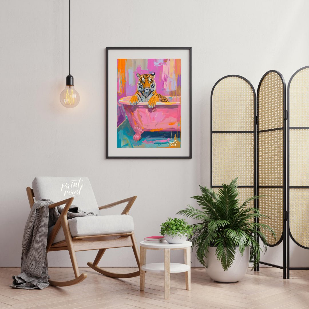 This vibrant digital painting features a majestic tiger lounging in a pink bathtub against a backdr… for living room
