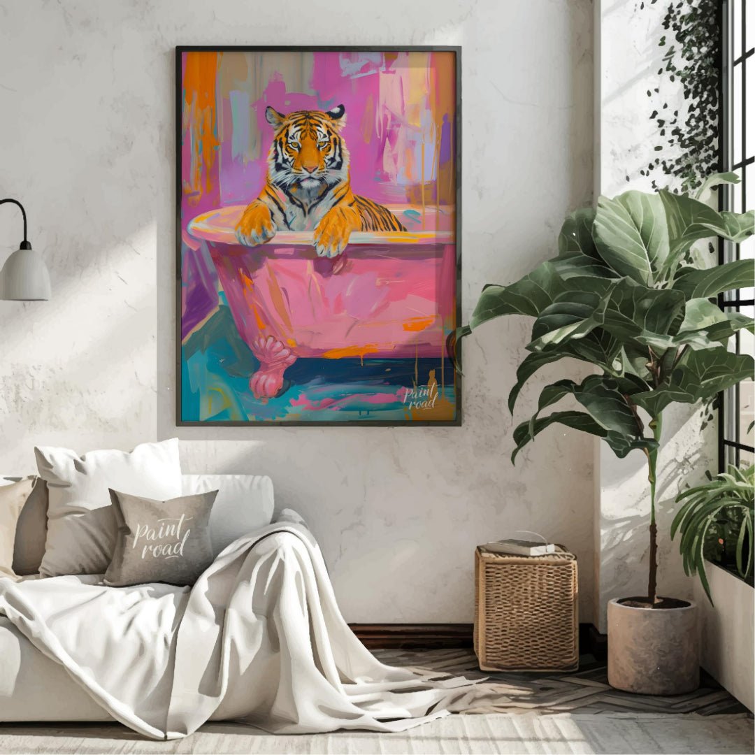This vibrant digital painting features a majestic tiger lounging in a pink bathtub against a backdr… for living room
