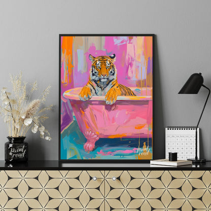 This vibrant digital painting features a majestic tiger lounging in a pink bathtub against a backdr… for office