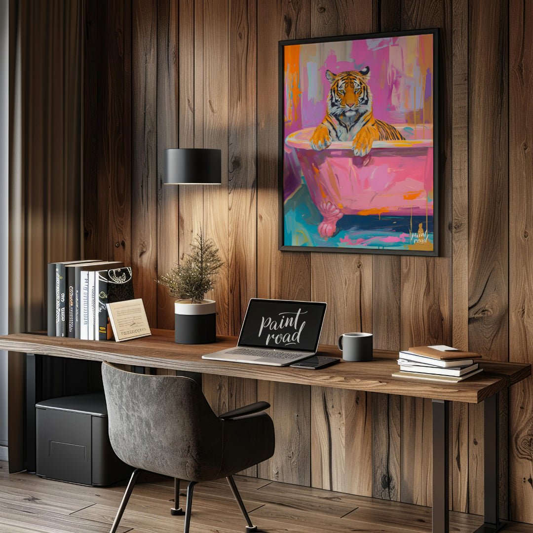 This vibrant digital painting features a majestic tiger lounging in a pink bathtub against a backdr… for office