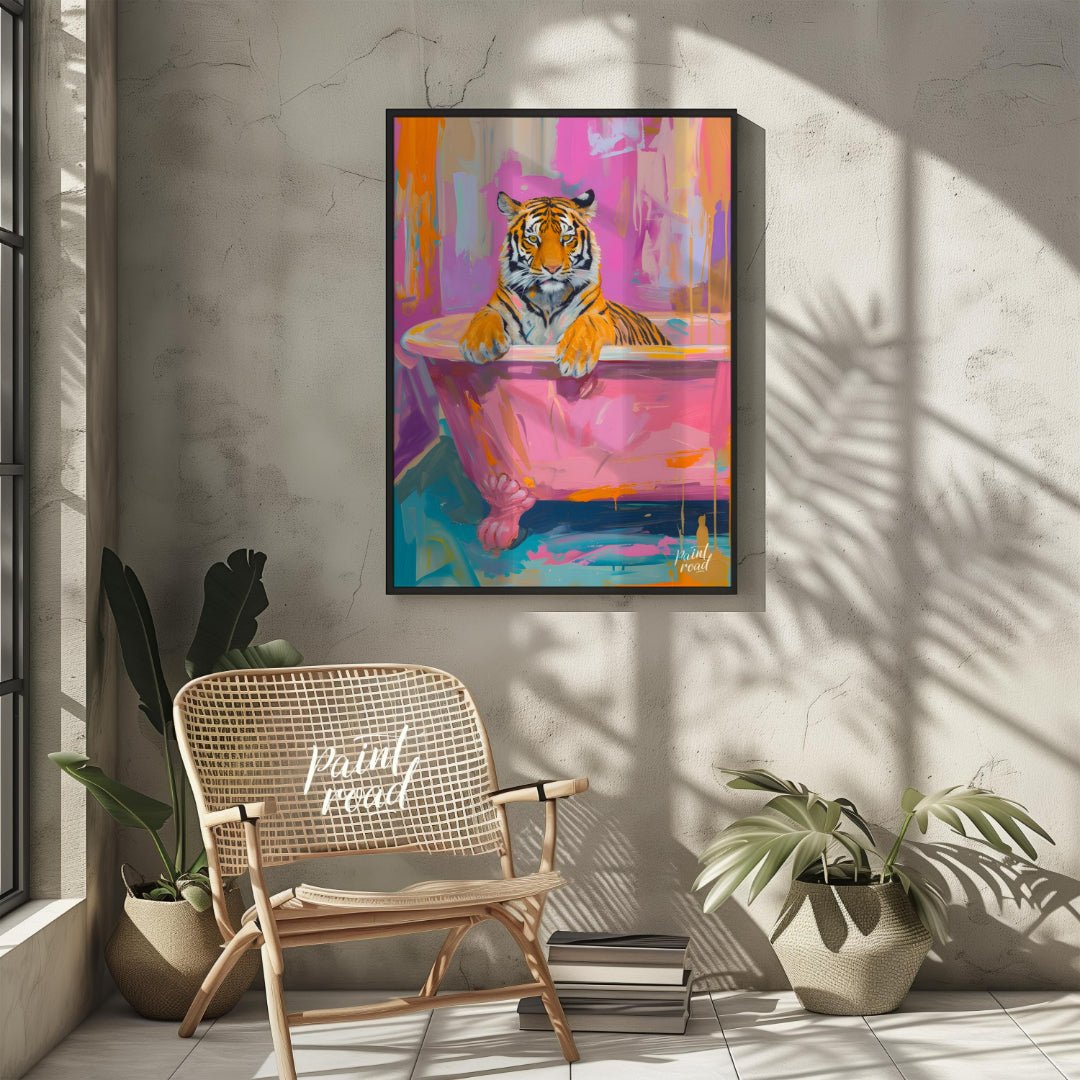 This vibrant digital painting features a majestic tiger lounging in a pink bathtub against a backdr… for other