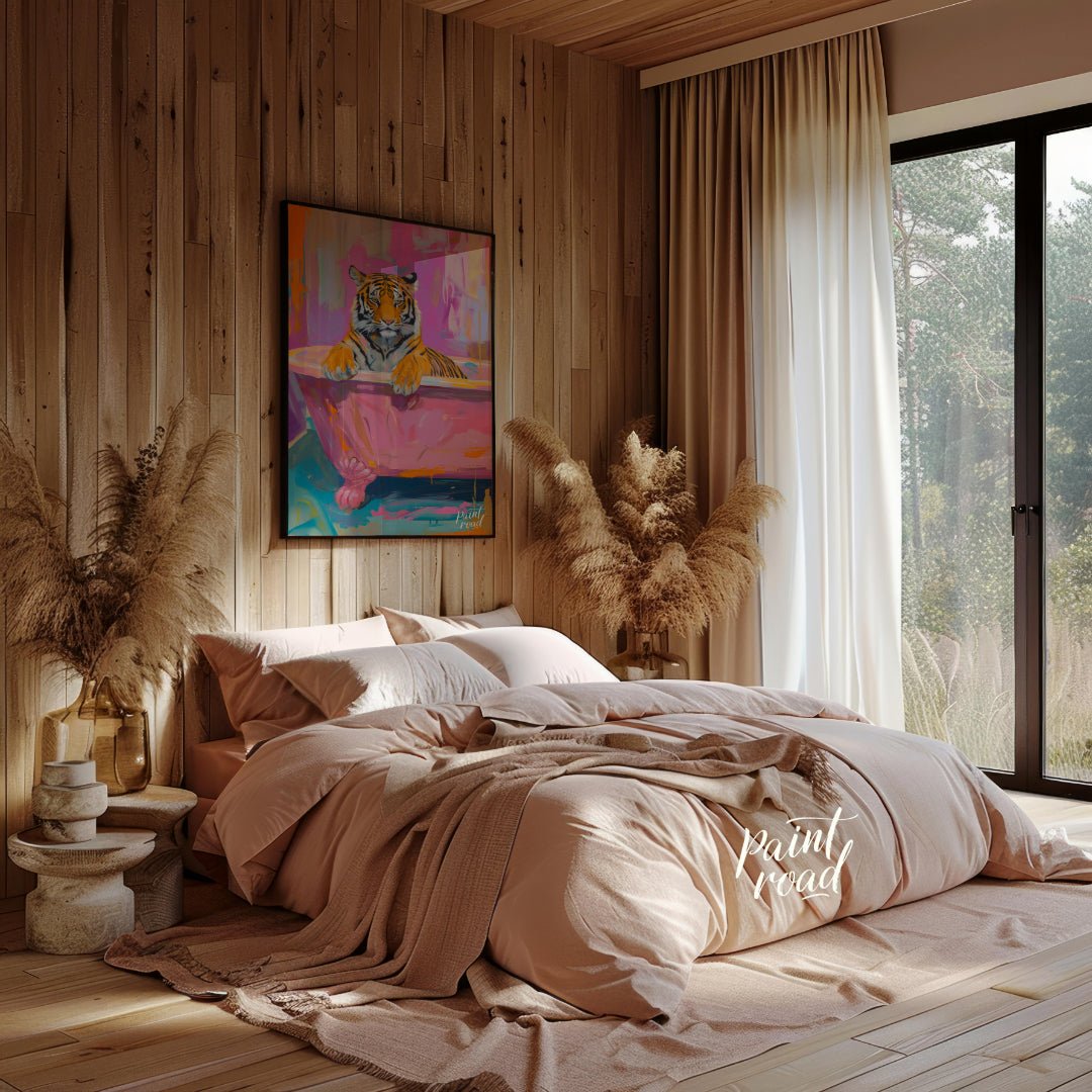 This whimsical painting features a majestic tiger relaxing in a vintage pink bathtub. The artist em… for bedroom