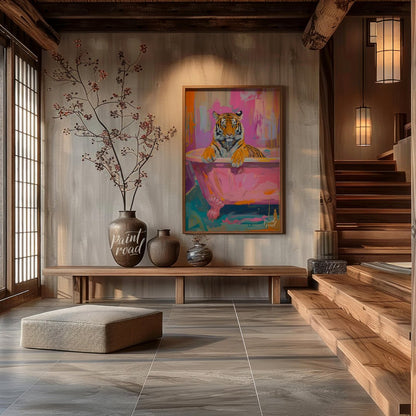This whimsical painting features a majestic tiger relaxing in a vintage pink bathtub. The artist em… for entryway