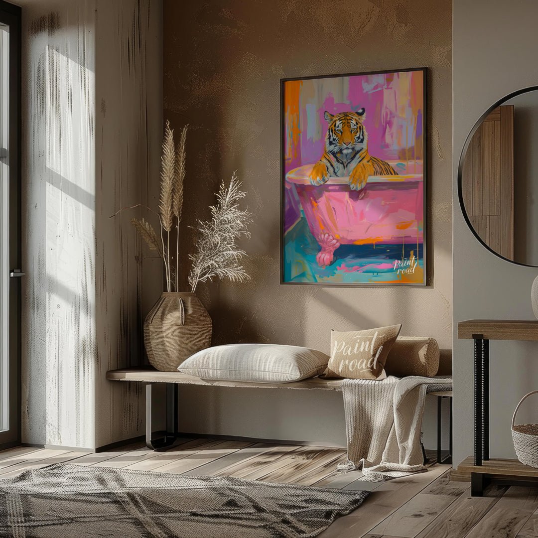 This whimsical painting features a majestic tiger relaxing in a vintage pink bathtub. The artist em… for entryway