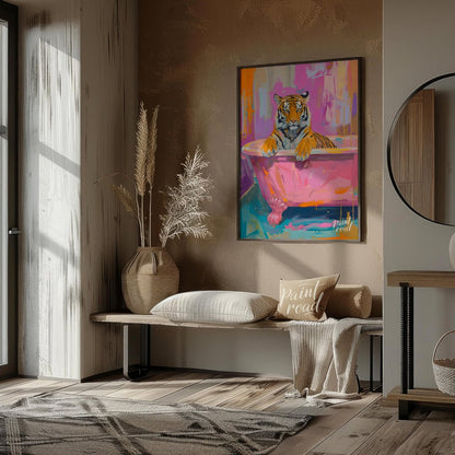 This whimsical painting features a majestic tiger relaxing in a vintage pink bathtub. The artist em… for entryway