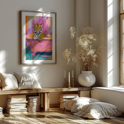 This whimsical painting features a majestic tiger relaxing in a vintage pink bathtub. The artist em… for living room