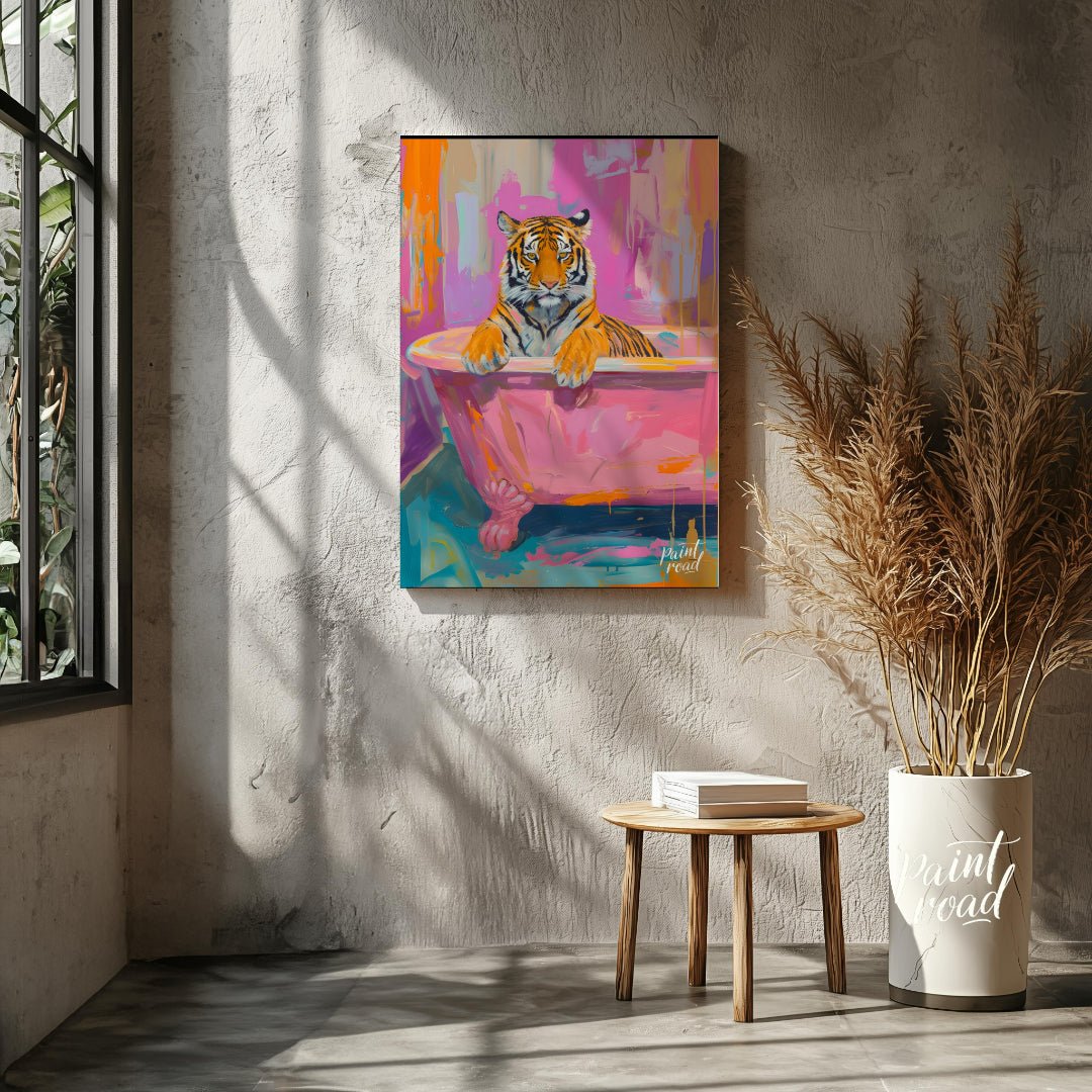 This whimsical painting features a majestic tiger relaxing in a vintage pink bathtub. The artist em… for living room