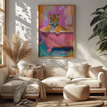 This whimsical painting features a majestic tiger relaxing in a vintage pink bathtub. The artist em… for living room