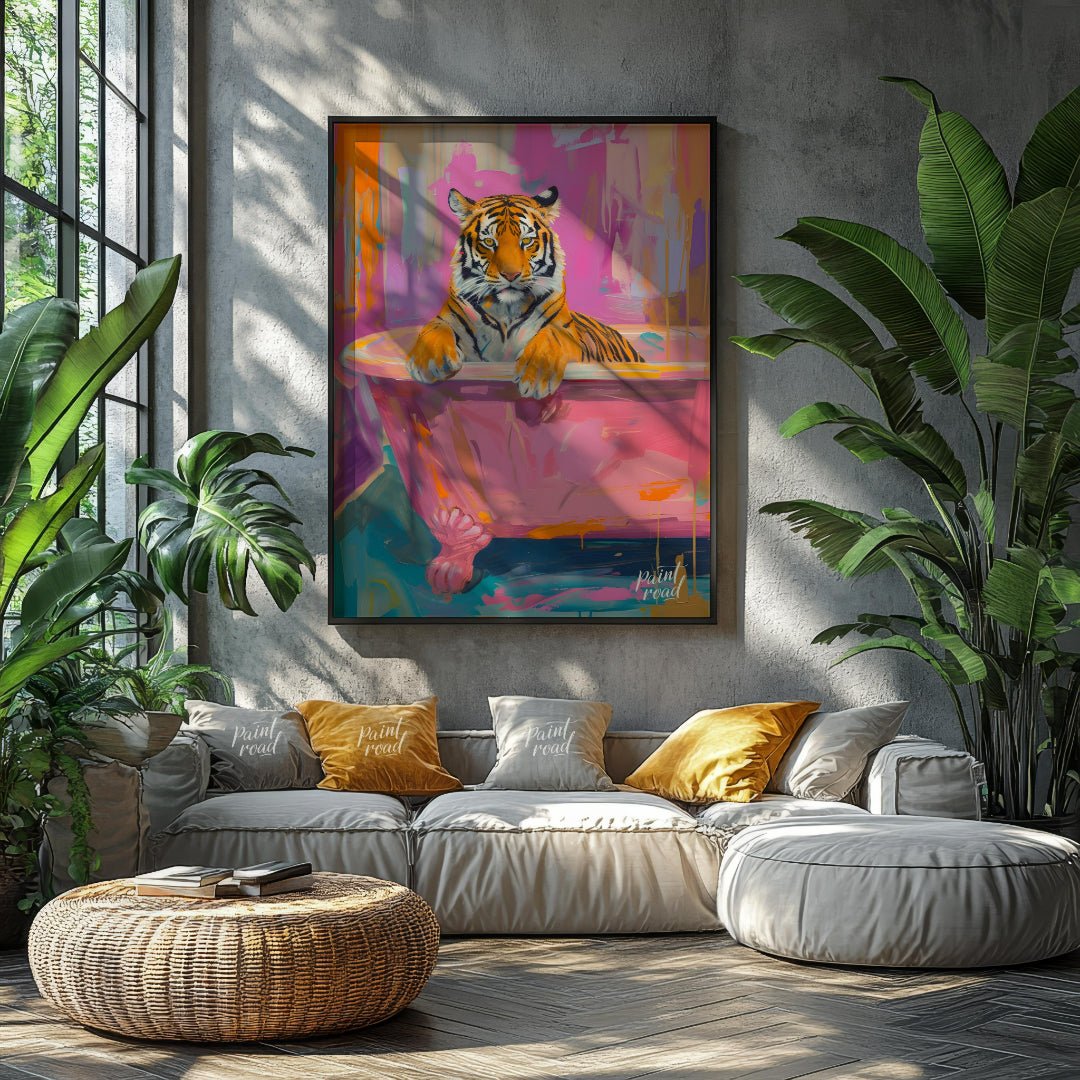 This whimsical painting features a majestic tiger relaxing in a vintage pink bathtub. The artist em… for living room