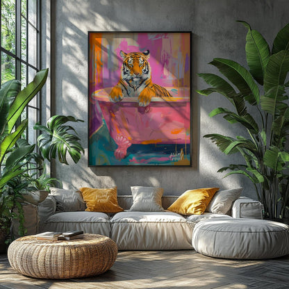 This whimsical painting features a majestic tiger relaxing in a vintage pink bathtub. The artist em… for living room