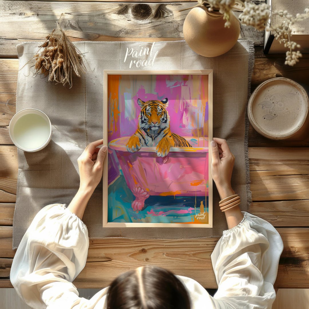 This whimsical painting features a majestic tiger relaxing in a vintage pink bathtub. The artist em… for other