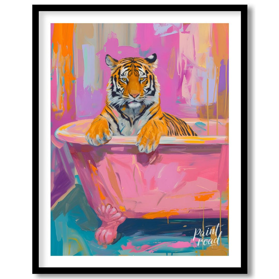 This whimsical painting features a majestic tiger relaxing in a vintage pink bathtub. The artist em… for sweet home