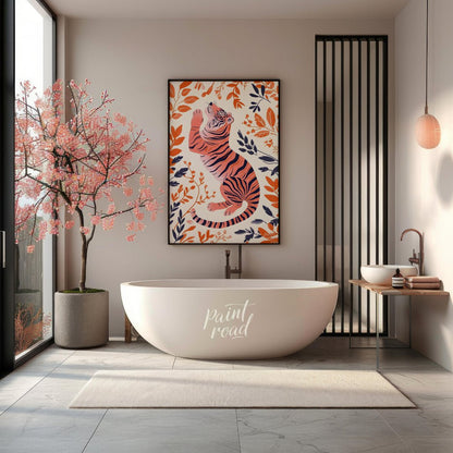 This stylized digital illustration features a tiger rendered in a unique palette of soft pink and b… for bathroom