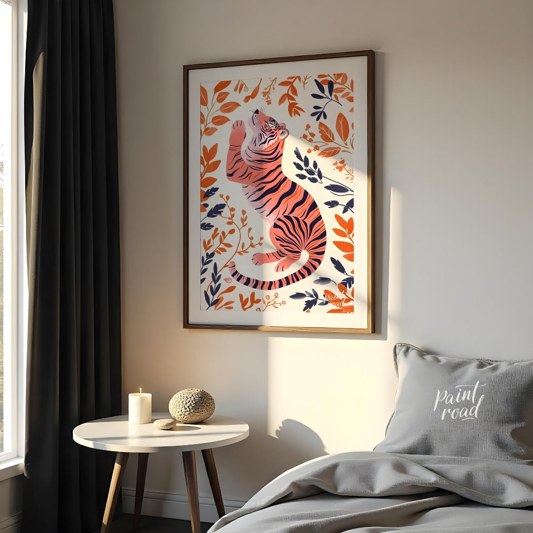 This stylized digital illustration features a tiger rendered in a unique palette of soft pink and b… for bedroom