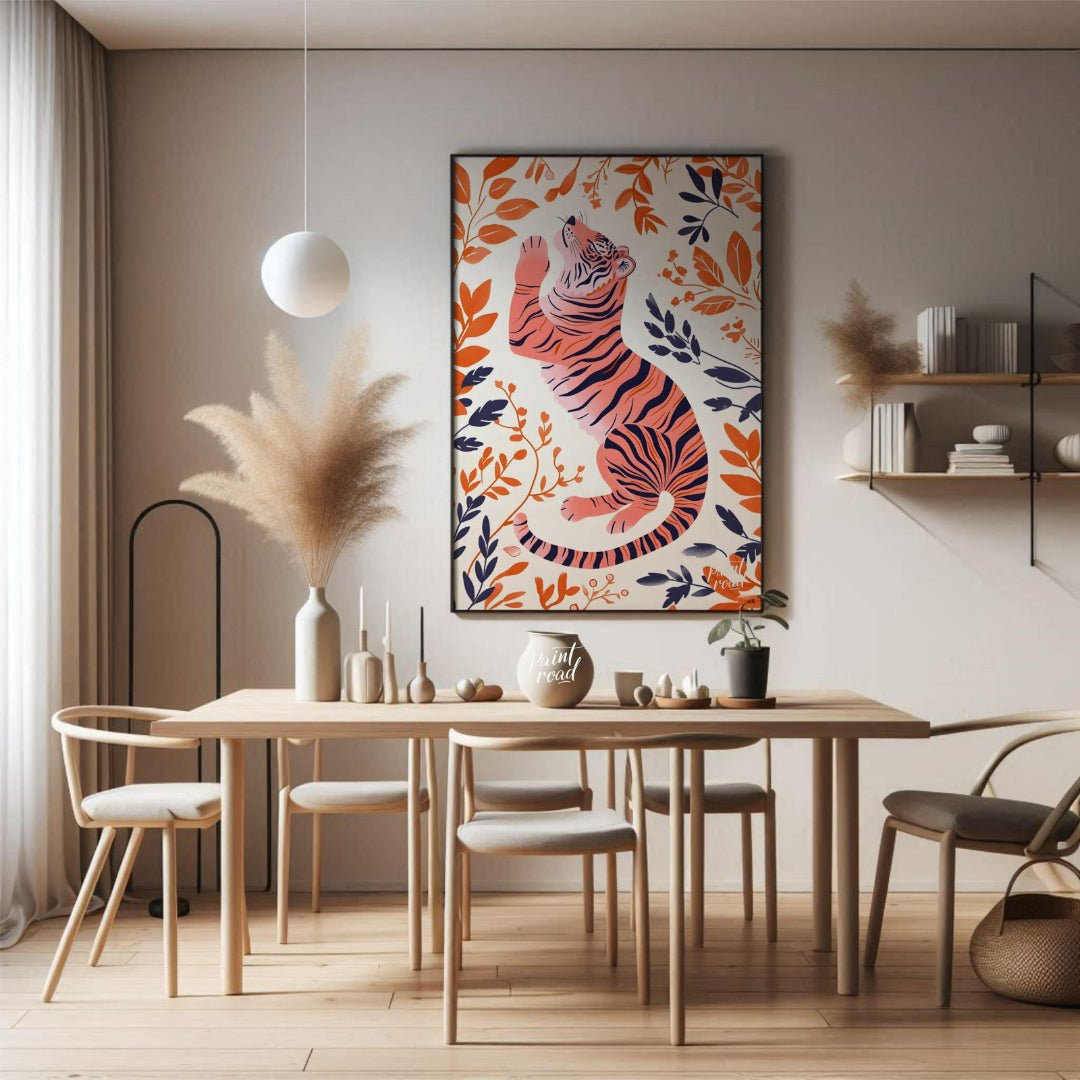 This stylized digital illustration features a tiger rendered in a unique palette of soft pink and b… for dining room
