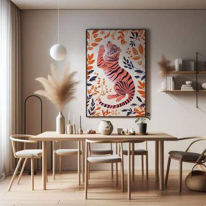 This stylized digital illustration features a tiger rendered in a unique palette of soft pink and b… for dining room