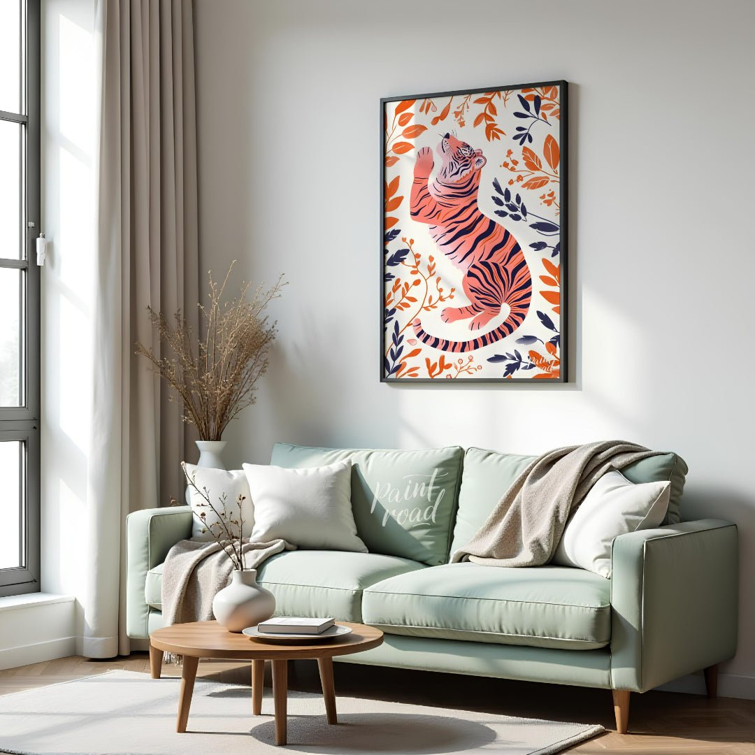 This stylized digital illustration features a tiger rendered in a unique palette of soft pink and b… for living room